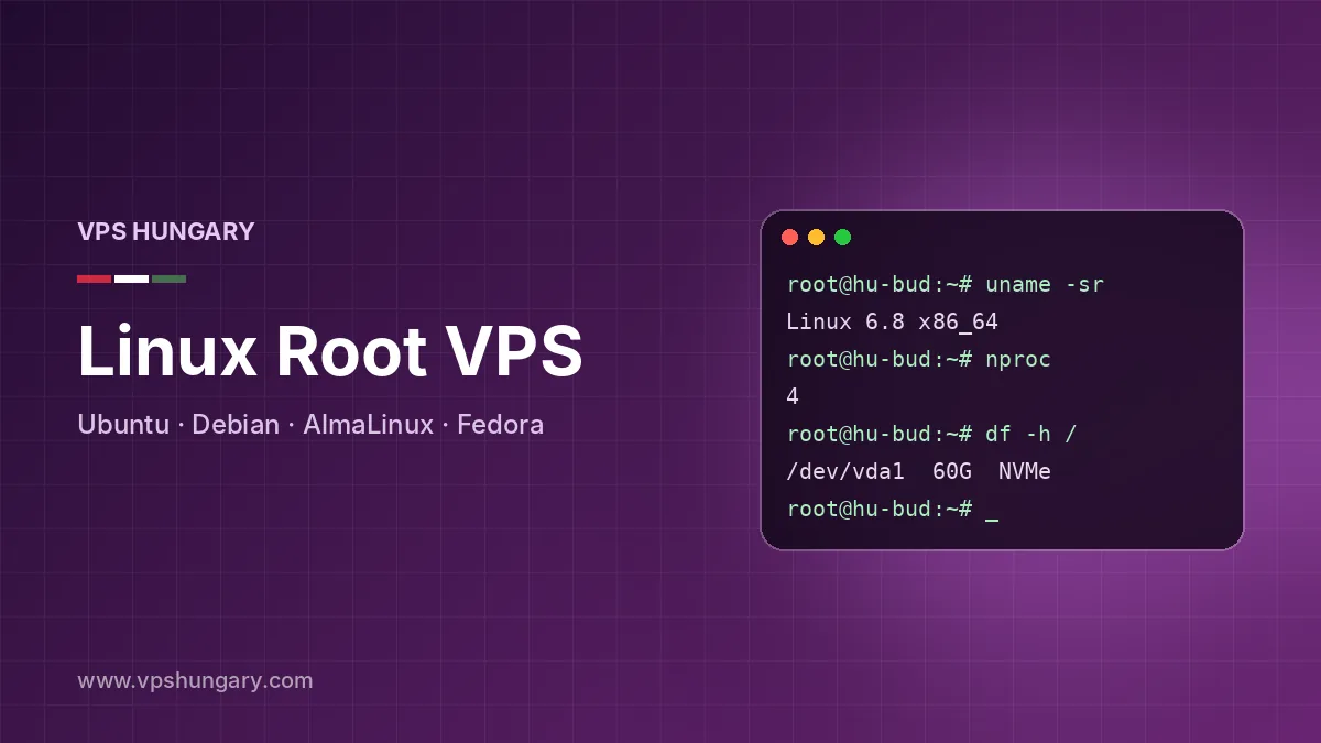 Terminal window showing an SSH root login to a Linux VPS hosted in Budapest, Hungary